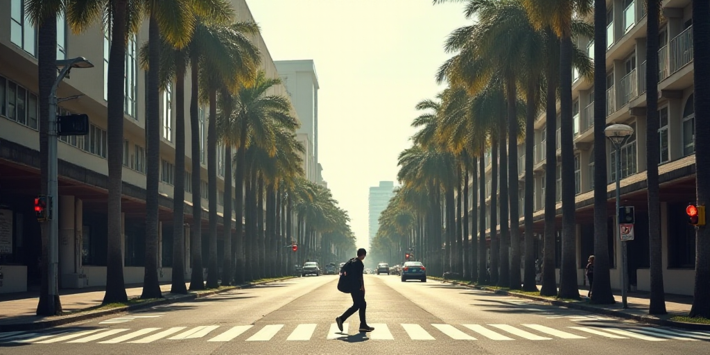a person walking across a street in front of tall buildings and palm trees in a city with a traffic