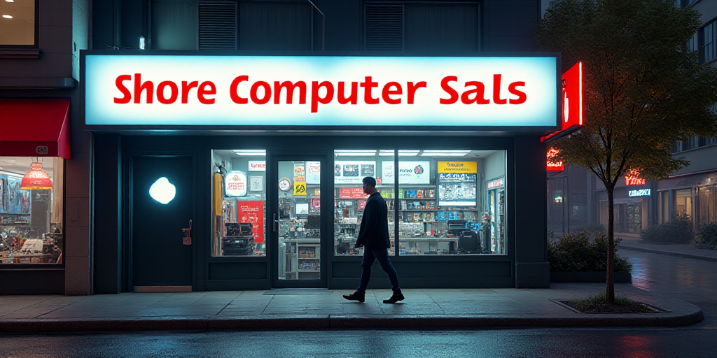 a person walking past a sign for a company that sells computers and other electronic equipment in a