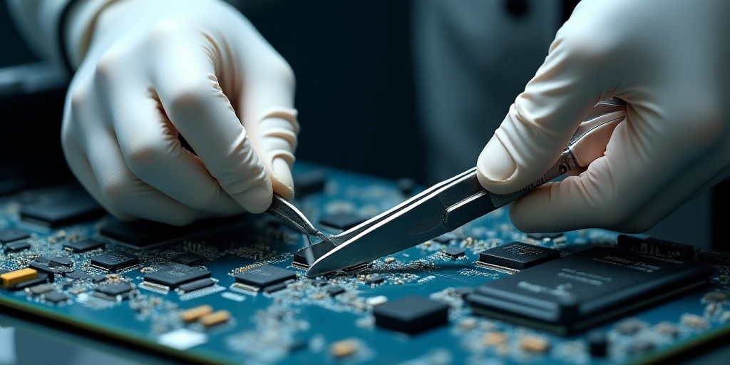 a person wearing gloves and a white glove is working on a computer motherboard with a pair of scisso