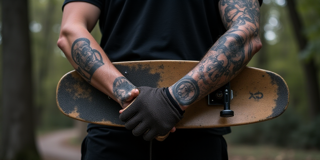 a person with a tattoo on their arm holding a skateboard and a glove on their arm with a tattoo on t