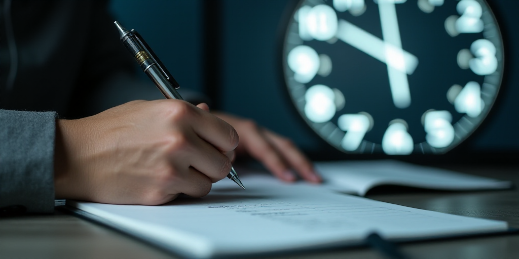 a person writing on a notebook in front of a clock with a pen and paper in front of them, Andries St