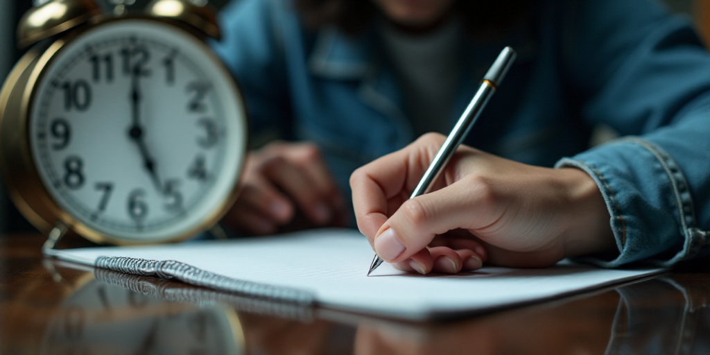 a person writing on a notebook in front of a clock with a pen and paper in front of them, Andries St