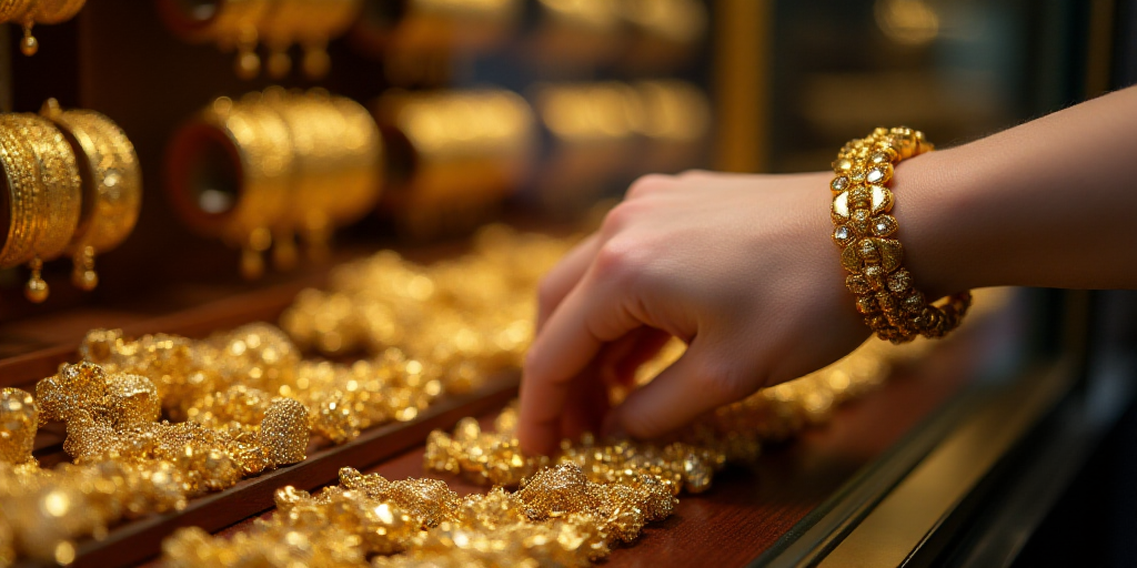 a person's hand on a gold bracelet in a store display case filled with gold jewelry and bracelets, D
