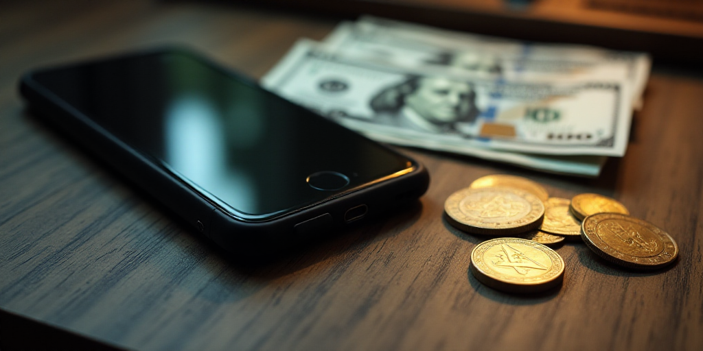 a phone and some money on a table with a phone on it and a bunch of coins on the table, Andries Stoc
