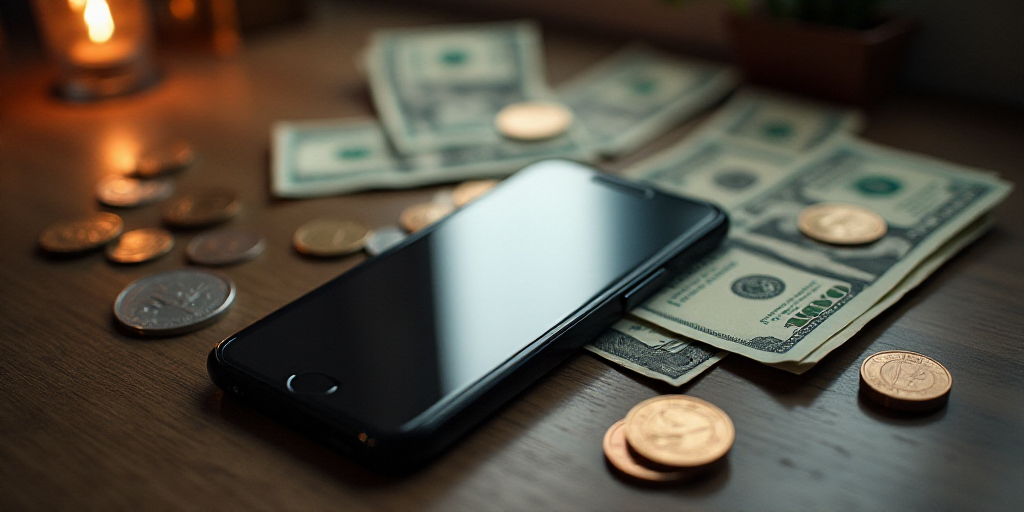 a phone and some money on a table with a phone on it and a bunch of coins on the table, Andries Stoc