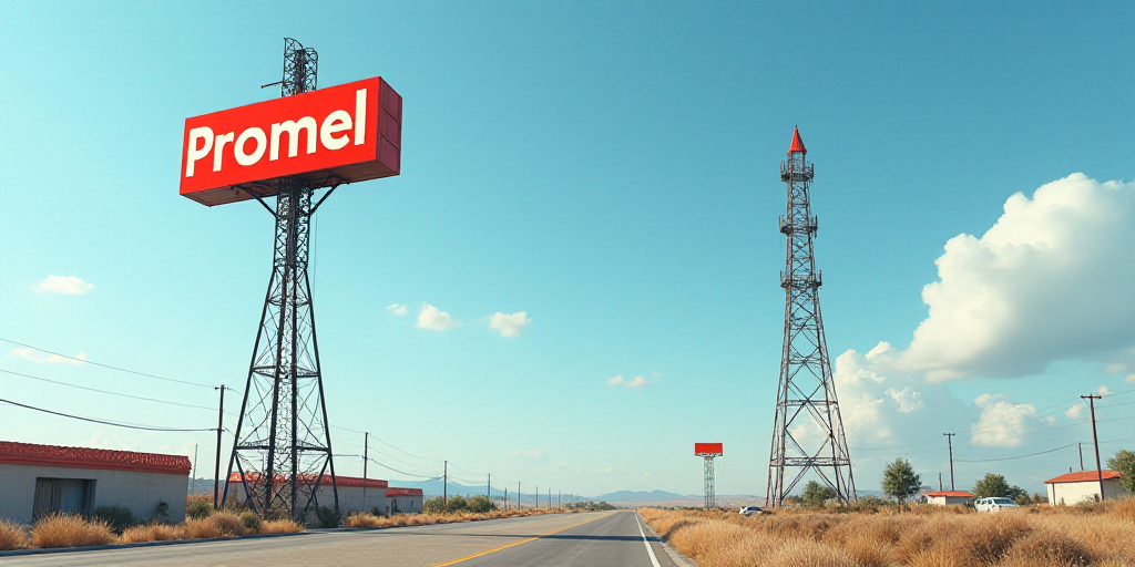 a picture of a cell phone tower and a cell phone tower with a sign that says promel above it, Ángel