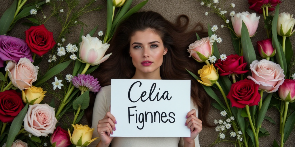 a picture of a woman surrounded by flowers and other flowers and flowers are laid on the ground with