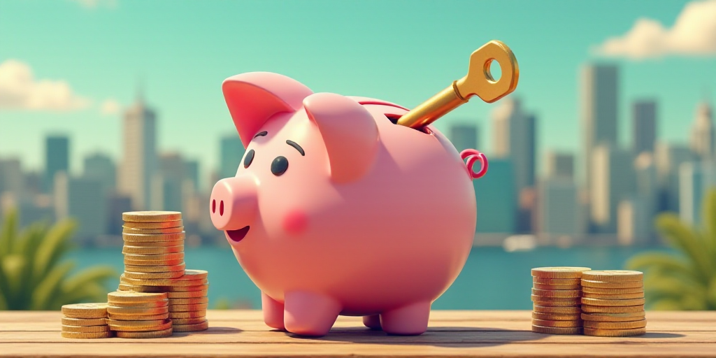 a piggy bank with a key in it and a lot of other items in the background with a city in the backgrou