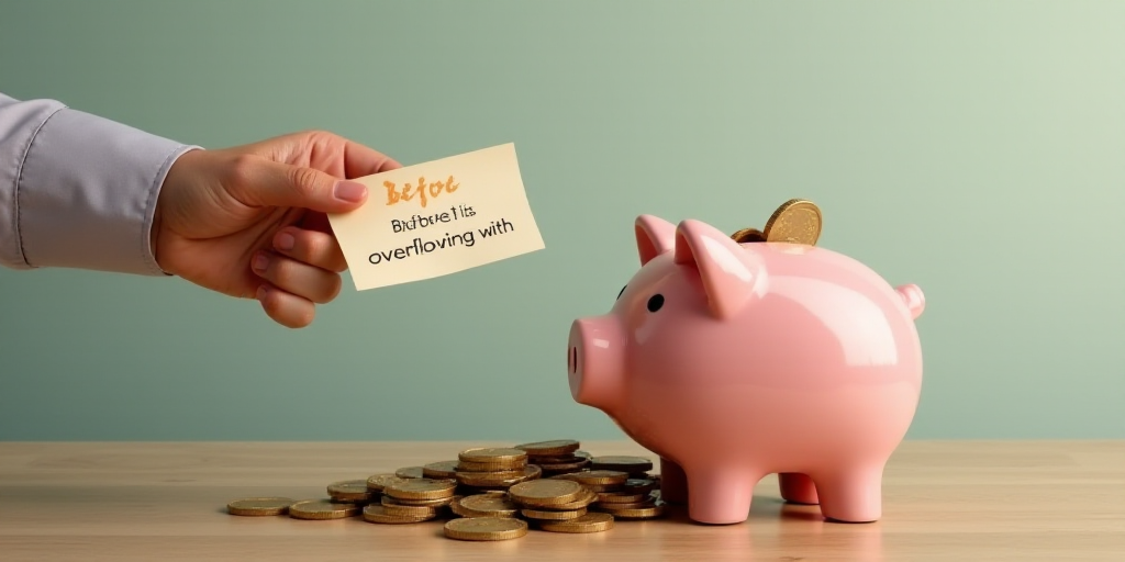 a piggy bank with a note saying before it is overflowing with coins and a person holding a piggy ban