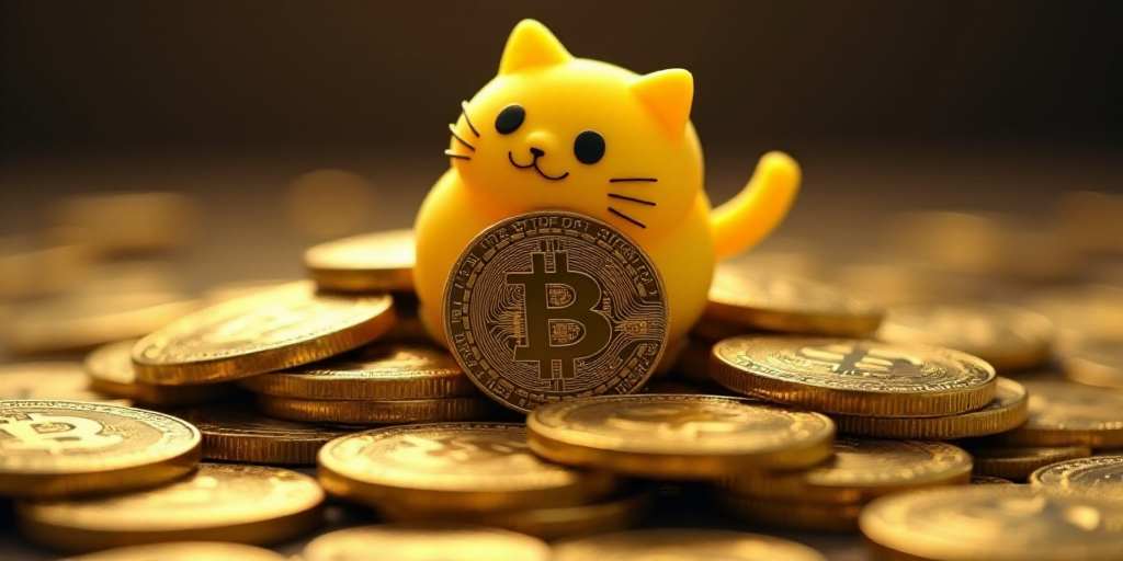 a pile of bitcoins with a yellow cat on top of them and a bitcoin on the bottom, Andries Stock, 16k,