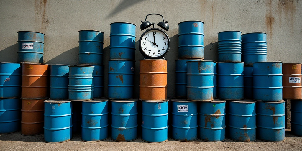 a pile of blue and brown barrels stacked on top of each other with a clock on the top of them, Andri