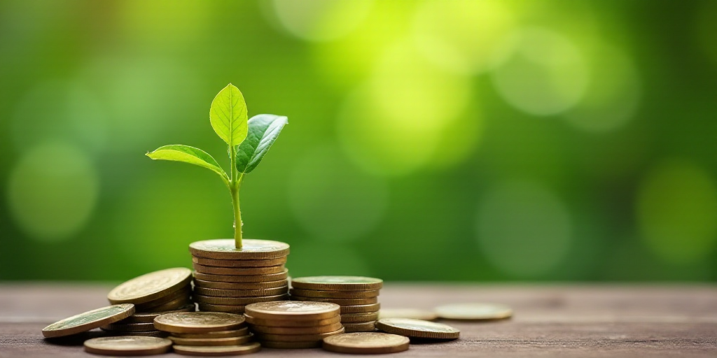a pile of coins with a plant growing out of it and a green background with a boke of grass, Andries