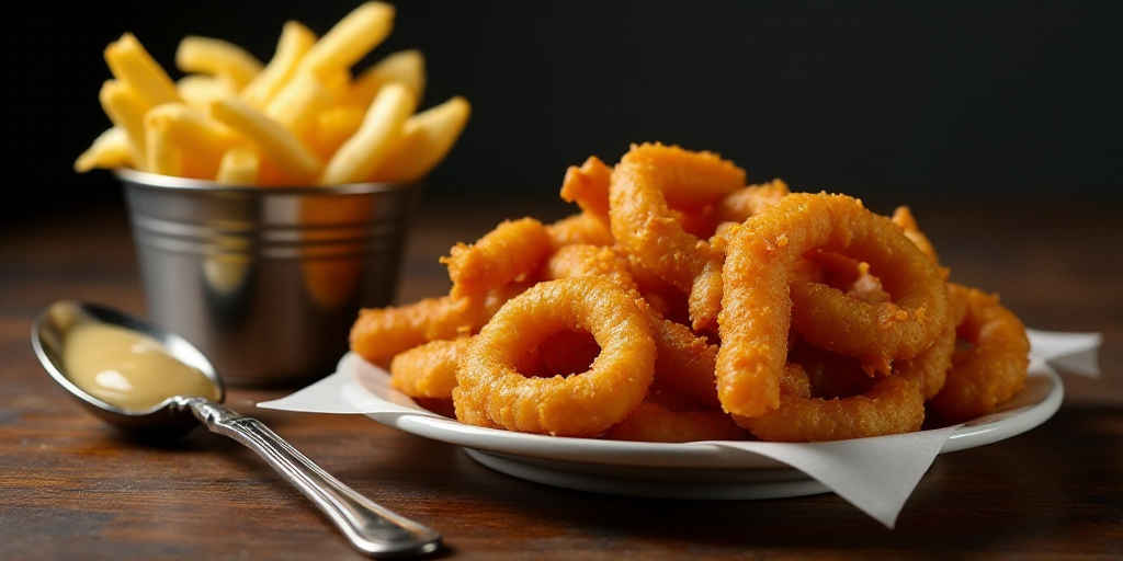 a pile of fried food next to a bucket of sauce and some fries on a table with a spoon, Aya Goda, pro