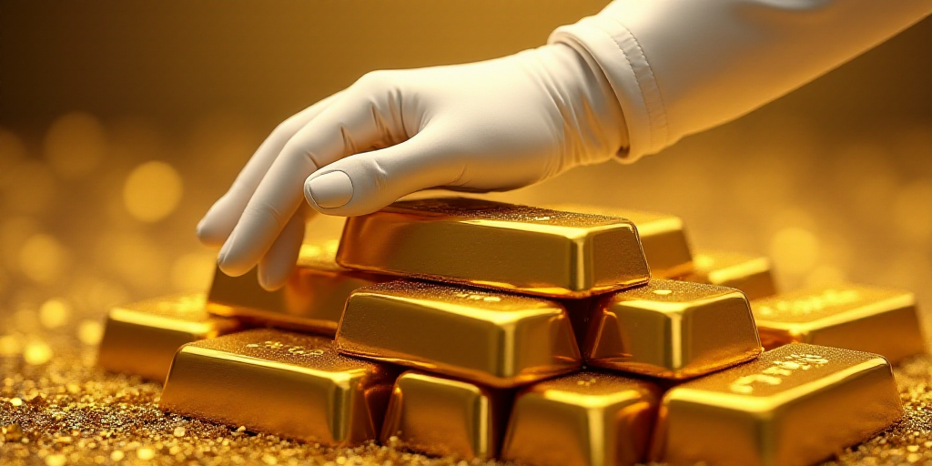 a pile of gold bars with a white glove on top of them and a white glove on top of them, Aya Goda, go