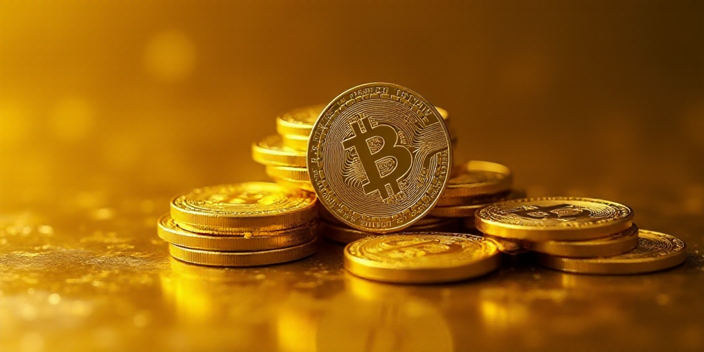 a pile of gold bitcoins sitting on top of each other on a table top with a gold background, Andries