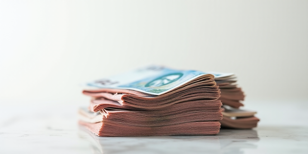 a pile of mexican currency sitting on top of each other on a table top with a white background and a