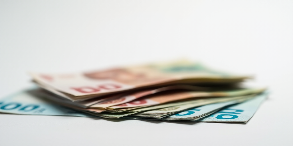 a pile of mexican currency sitting on top of each other on a table top with a white background and a