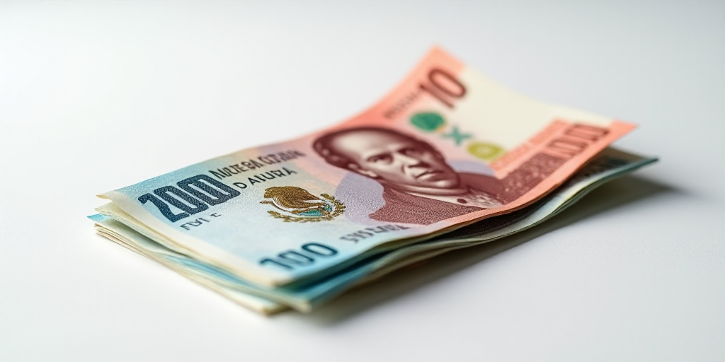 a pile of mexican currency sitting on top of each other on a table top with a white background and a
