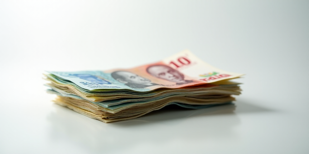 a pile of mexican currency sitting on top of each other on a table top with a white background and a