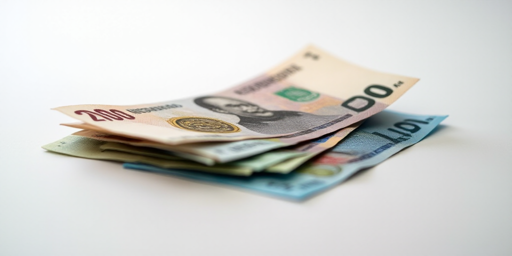 a pile of mexican currency sitting on top of each other on a table top with a white background and a