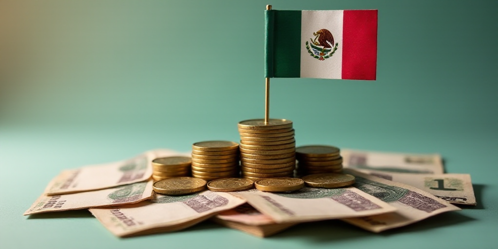 a pile of mexican currency with a flag sticking out of it and a stack of coins on top of it, Aquirax