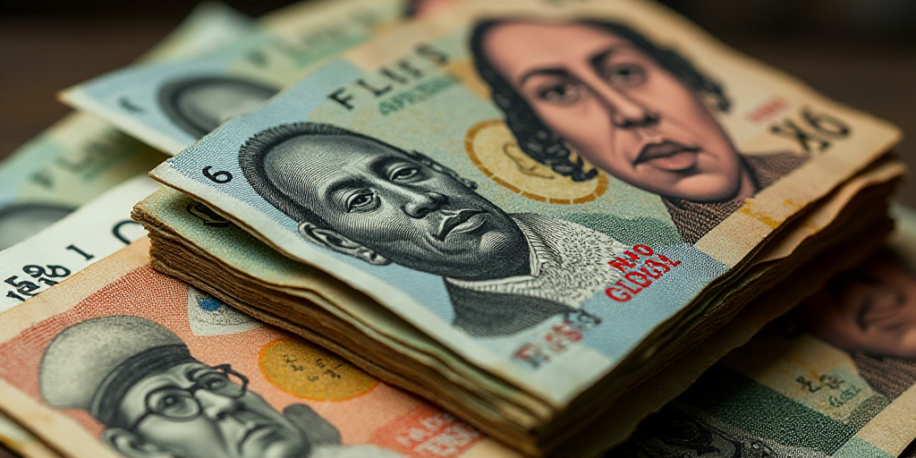 a pile of mexican currency with a man's face on it's side and a woman's face on the other side, Davi