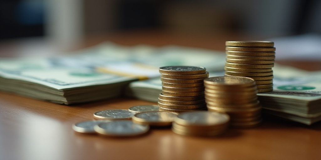 a pile of money sitting on top of a table next to a pile of coins on top of a table, Avgust Černigo