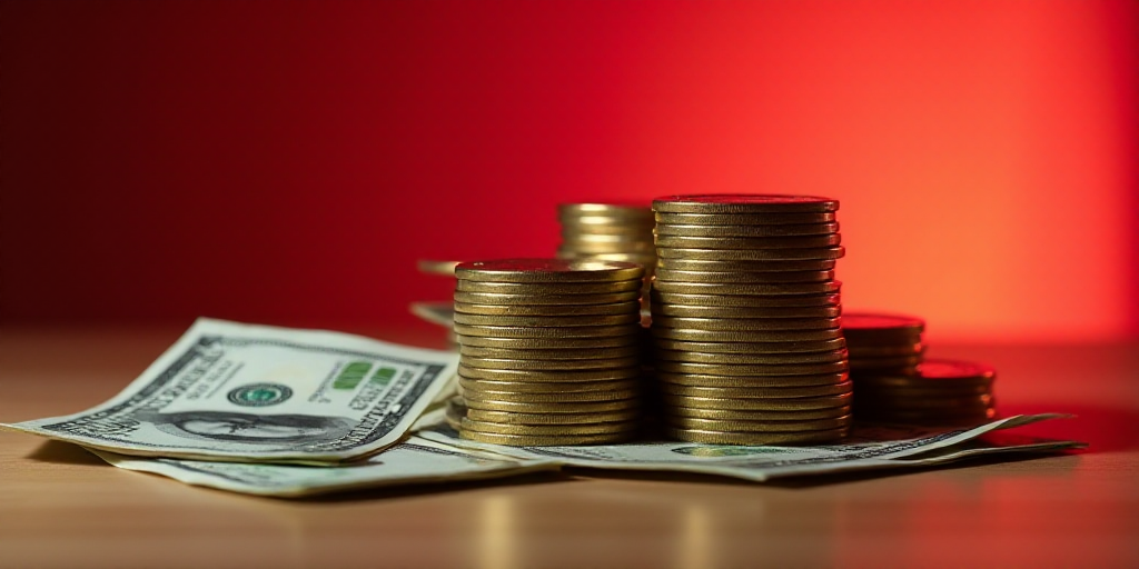 a pile of money sitting on top of a pile of coins on top of a table next to a pile of money, Carlos