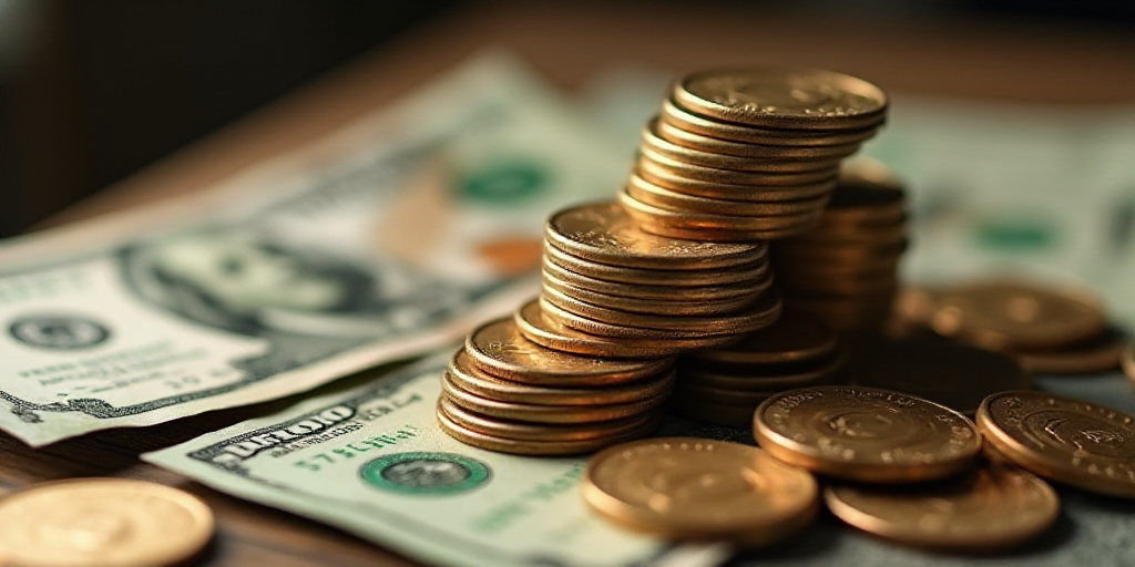 a pile of money sitting on top of a pile of coins on top of a table next to a pile of money, David A