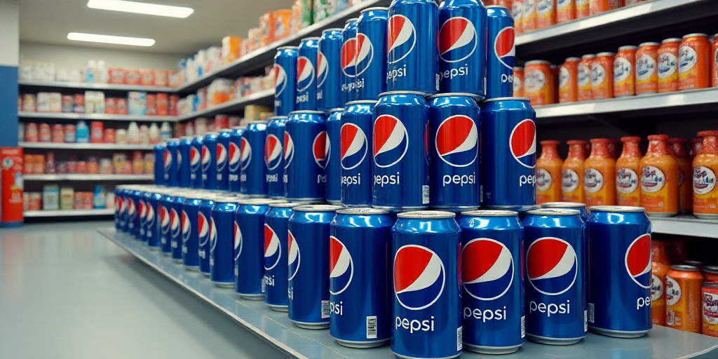 a pile of pepsi soda cans stacked on top of each other in a store aisle with the pepsi logo on the s