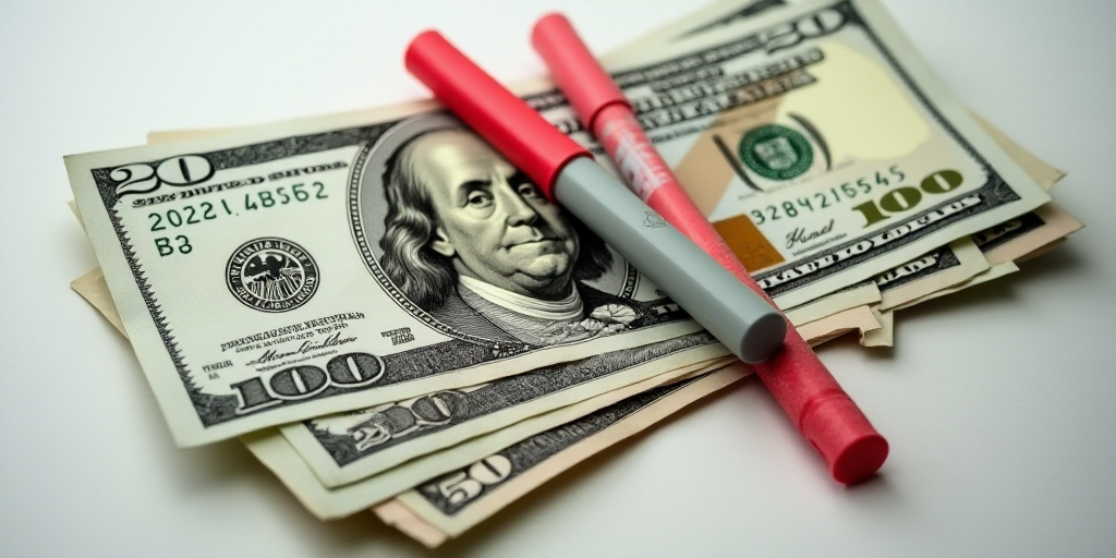 a pile of twenty dollar bills with a red marker on top of it and a red marker on the bottom of the b