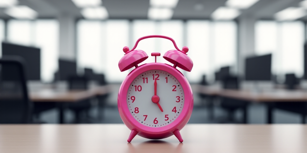 a pink alarm clock sitting on top of a table in an office building with desk chairs and desks, Évar