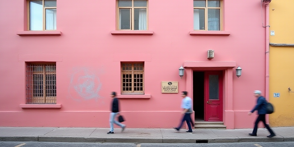 a pink building with a sign that says la mascotta on it's front door and a few people walking by, Al