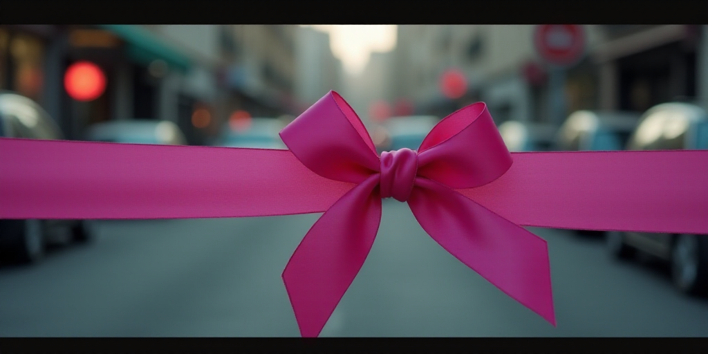 a pink ribbon is taped to a barricade on a street with cars in the background and a red light, Cefer
