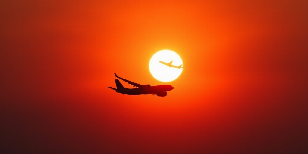 a plane flying in the sky with the sun in the background and a red sky behind it with a plane in the