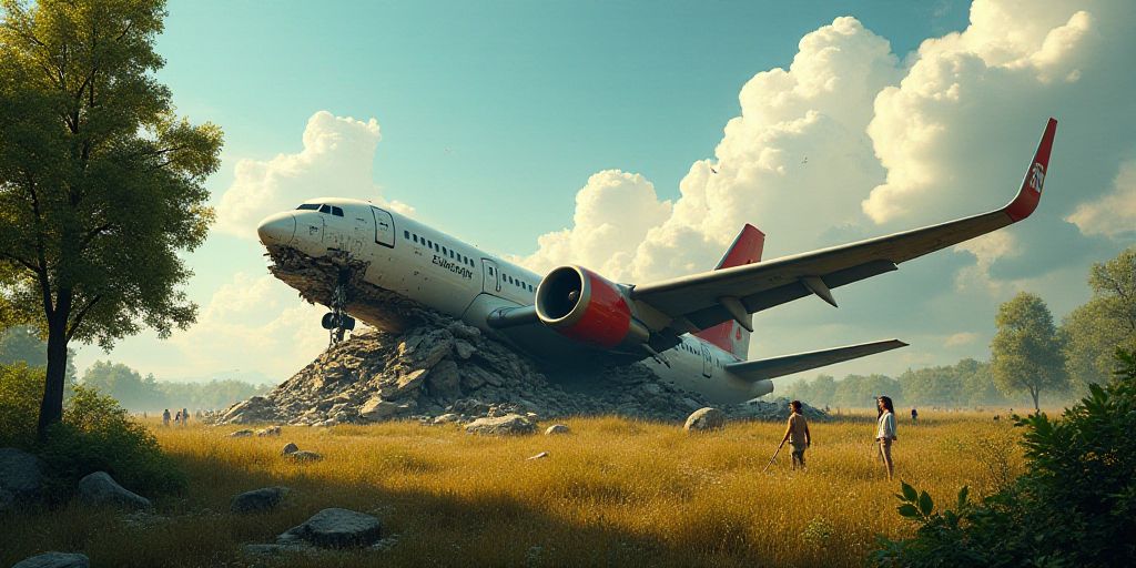 a plane that has been crashed into a building in a field of trees and bushes, with people standing a