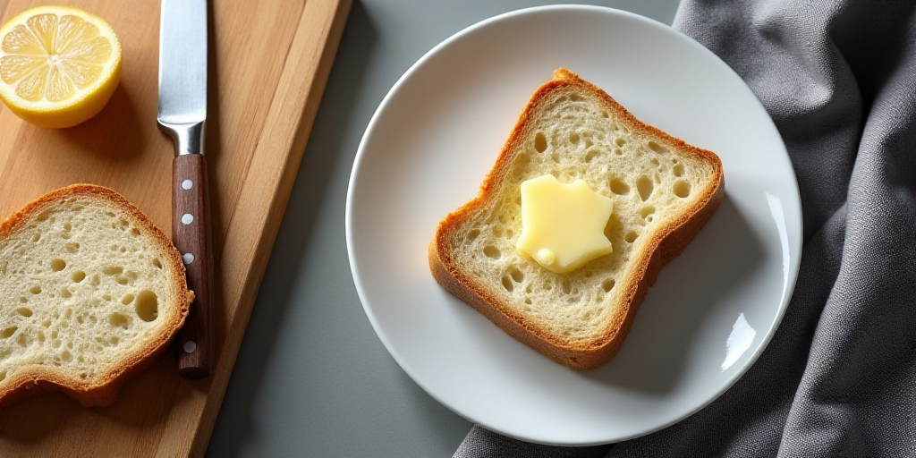 a plate of bread with butter on it next to a knife and a cutting board with a knife on it, David Bud