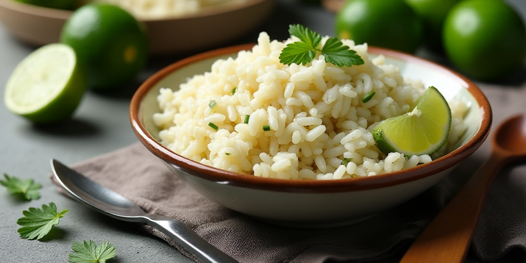 a plate of rice with limes and a wooden spoon on a table with a knife and limes, Anne Rigney, profes