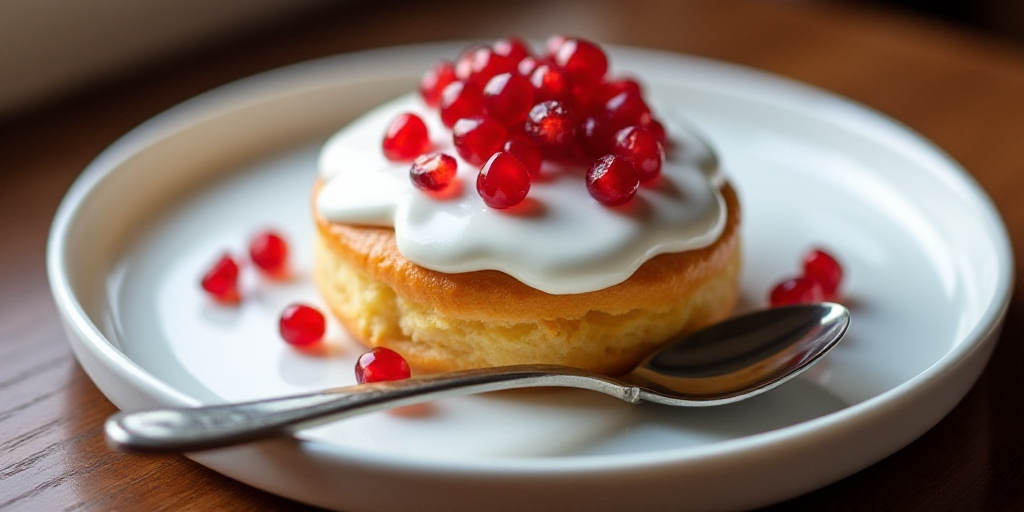 a plate with a pastry covered in white frosting and pomegranates on it, with a spoon, Ceferí Olivé