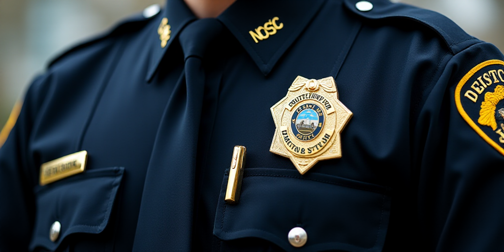 a police officer badge on his uniform is seen in this undated image from the department of justice,