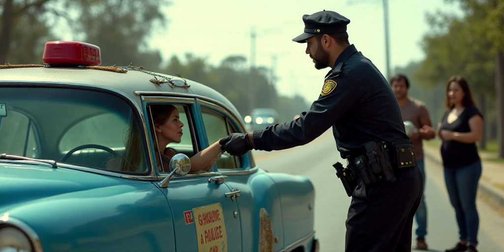a police officer is handing something to a woman in a car while others look on from the side of the