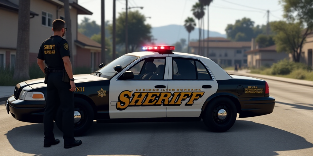 a police officer standing next to a parked police car with a sheriff badge on it's side of the vehic