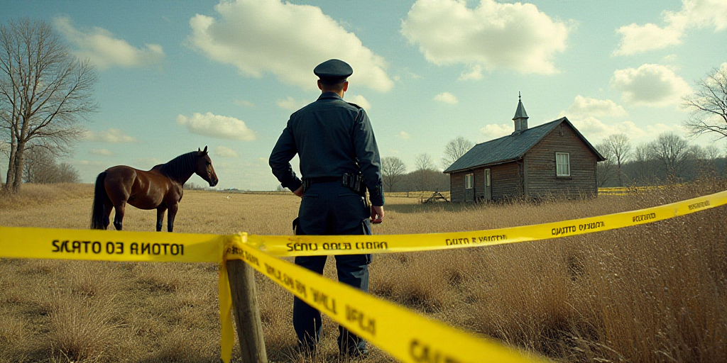 a police officer standing next to a yellow caution tape on a field with a horse in the background an