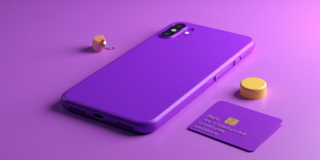 a purple phone next to a purple credit card on a table with a yellow button on it and a purple card,