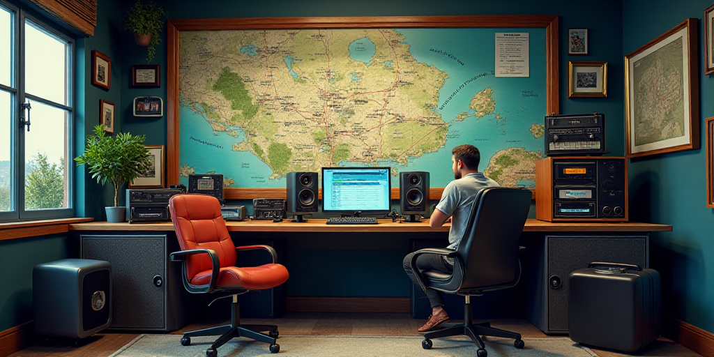 a radio station with a map and radio on it and a radio booth with a radio on it and a radio booth wi
