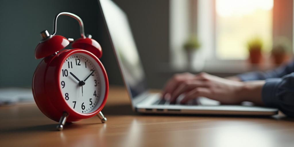 a red alarm clock sitting next to a laptop computer on a desk with a person working on a laptop, Den
