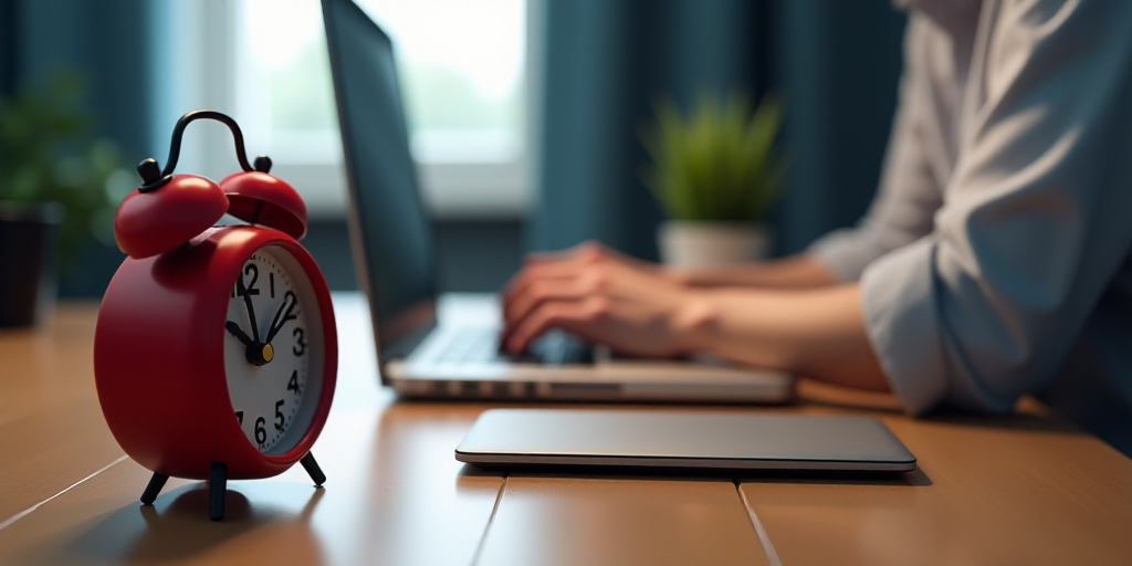 a red alarm clock sitting next to a laptop computer on a desk with a person working on a laptop, Den