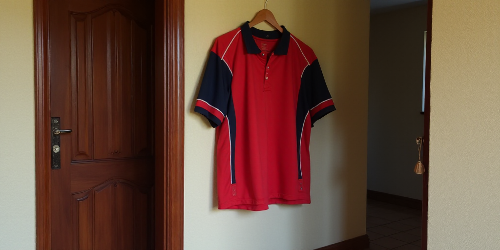 a red and black shirt hanging on a wall next to a door with a wooden door frame and a tile floor, Ce