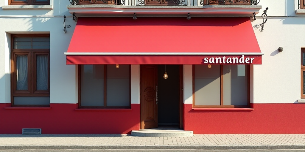 a red and white building with a sign that says santander on it's front door and a red awning, Bernat