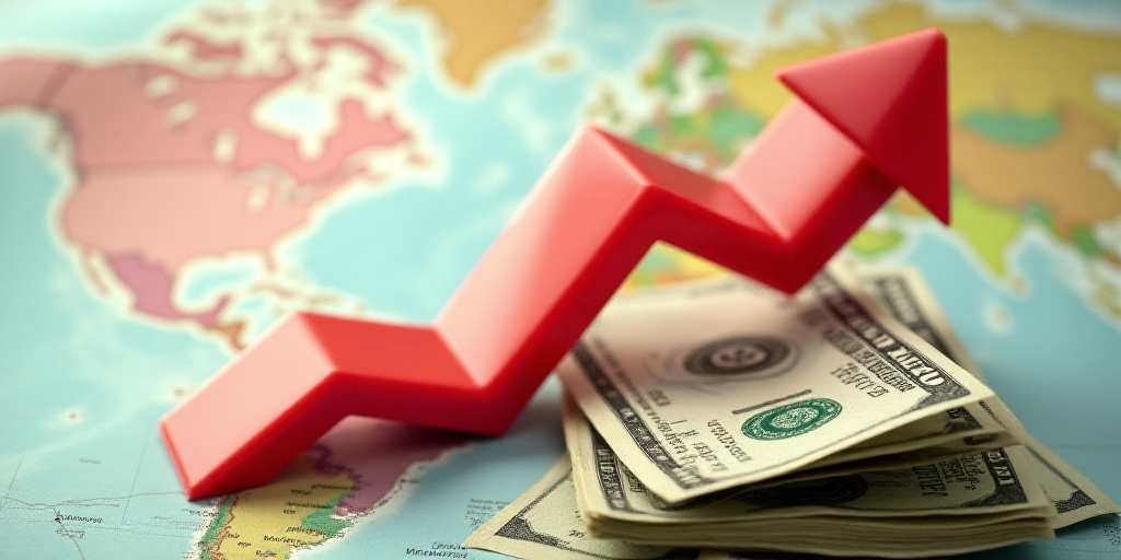 a red arrow pointing upward on top of a pile of money with a map in the background of the image, And
